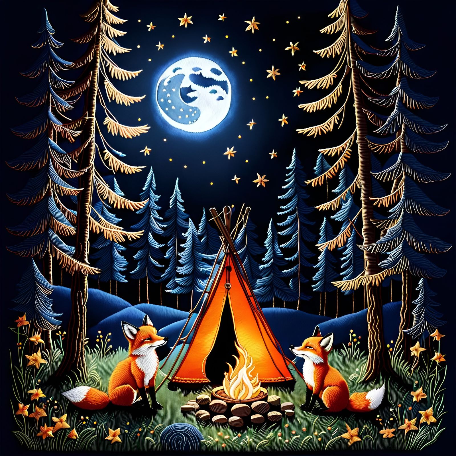 Embroidery: foxes camping 🏕️🦊