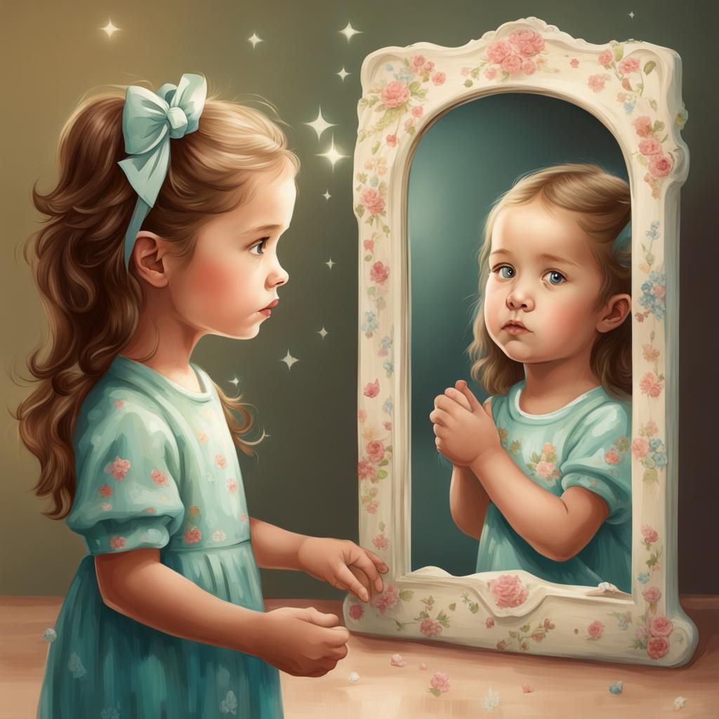 An adorable young girl looking into a mirror. Her reflection...