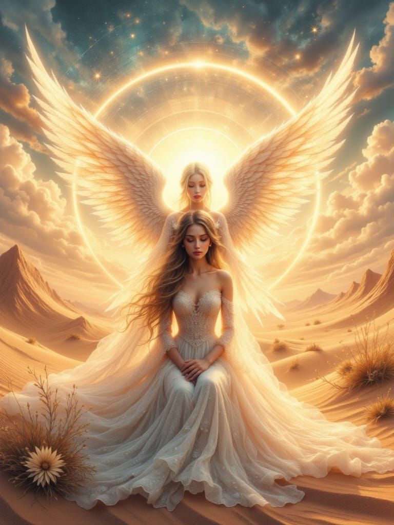 Angel Embraces Woman in Desert Sunrise