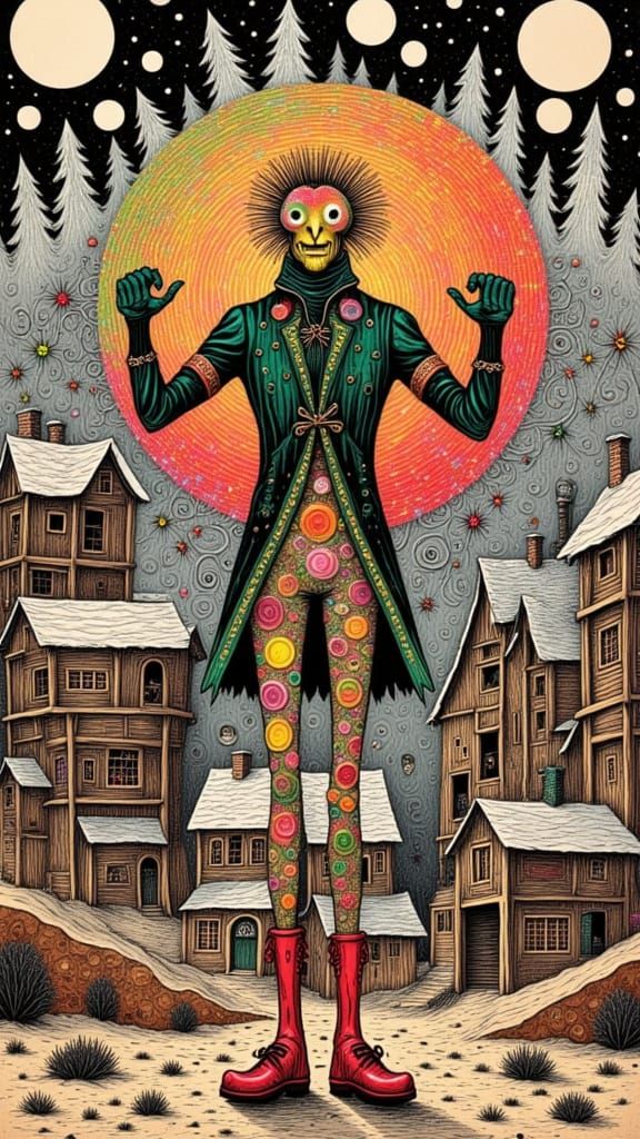 <lora:Paintlike:1.0> <lora:AmongTheDark:1.0> <lora:SurrealRetro:1.0>  The Spirit of Christmas <lora:Surreal Shine:1.0> shows his arm muscles