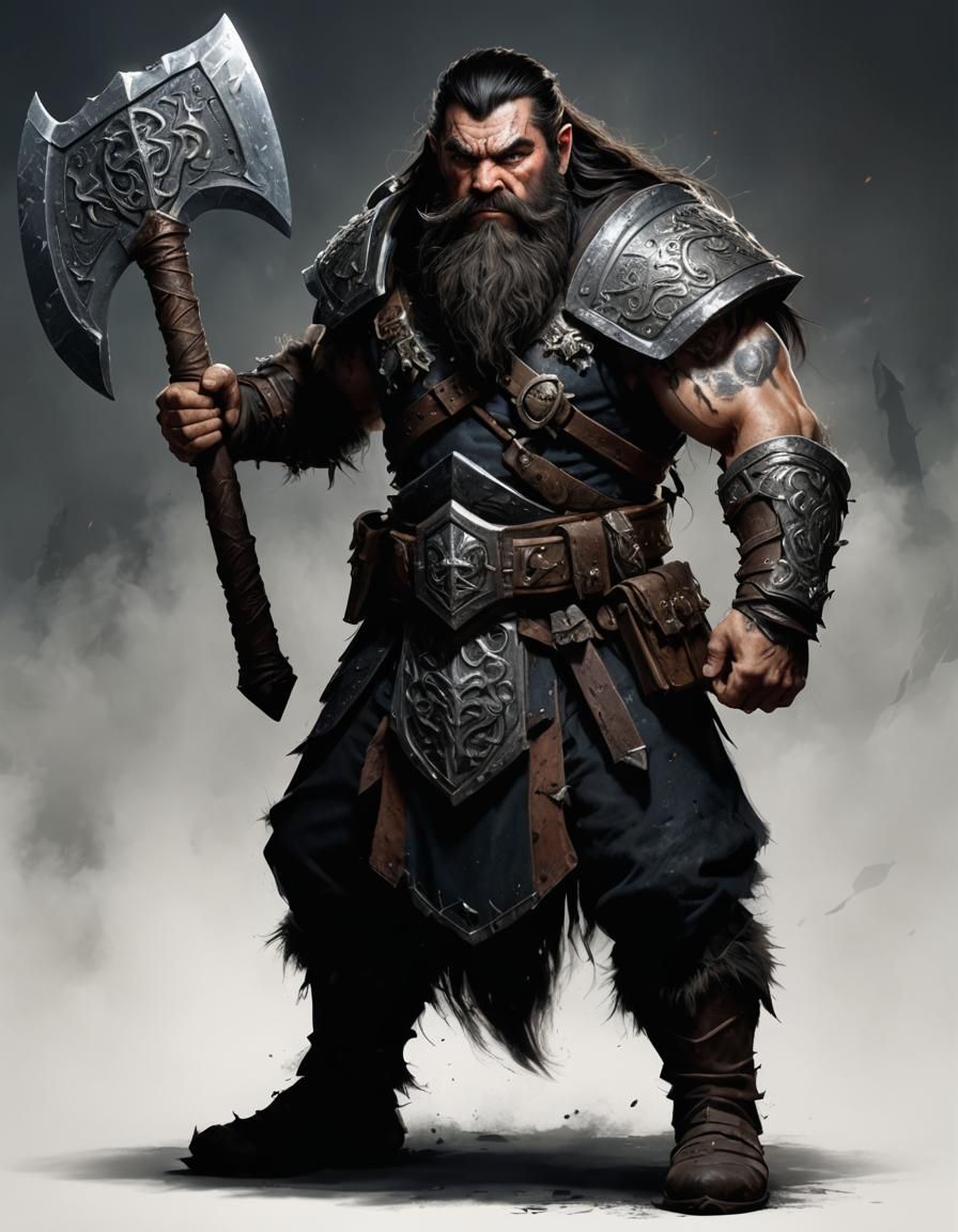 Male evil dwarf warrior with long black hair and beard with brown eyes ...