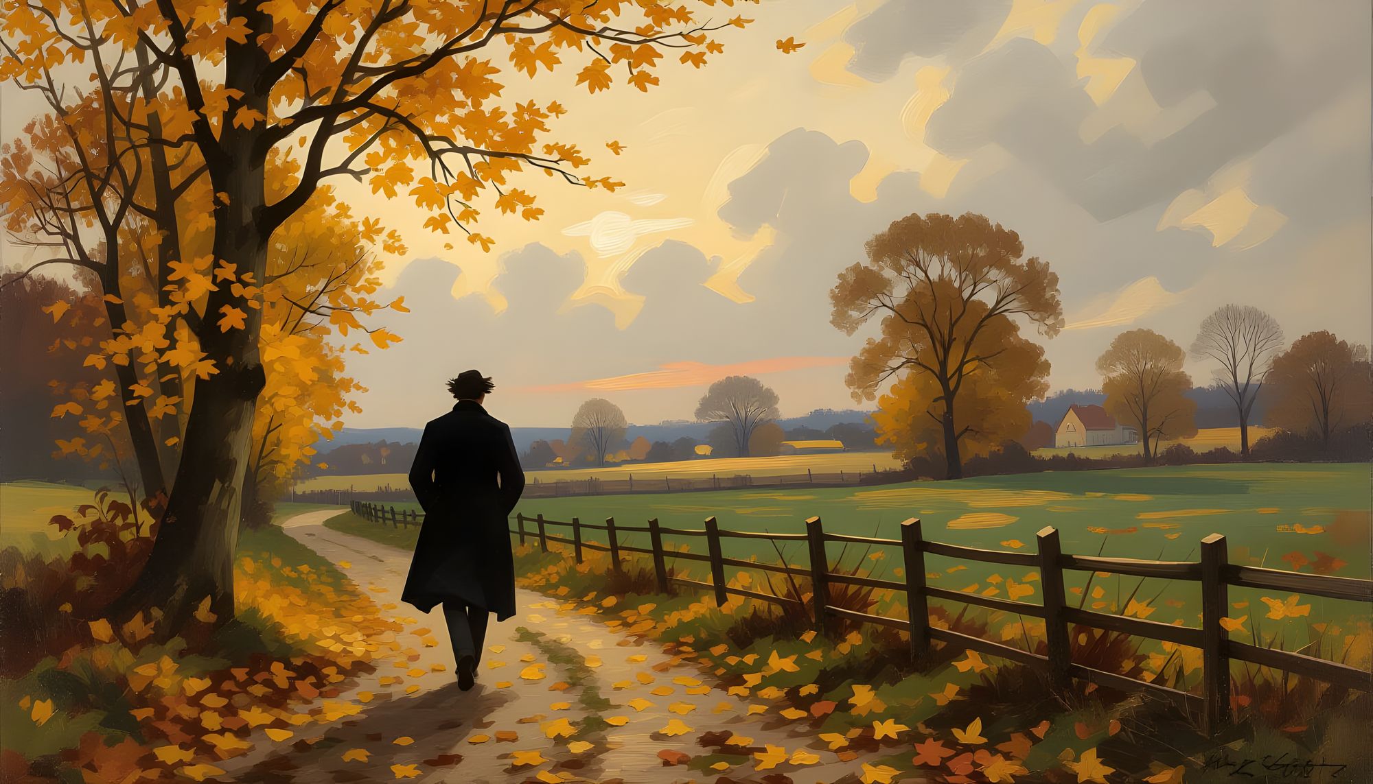  Uma cena clássica em estilo de pintura a óleo, retratando o outono com folhas amareladas caídas e um vento cortante. A paleta de cores é ri...