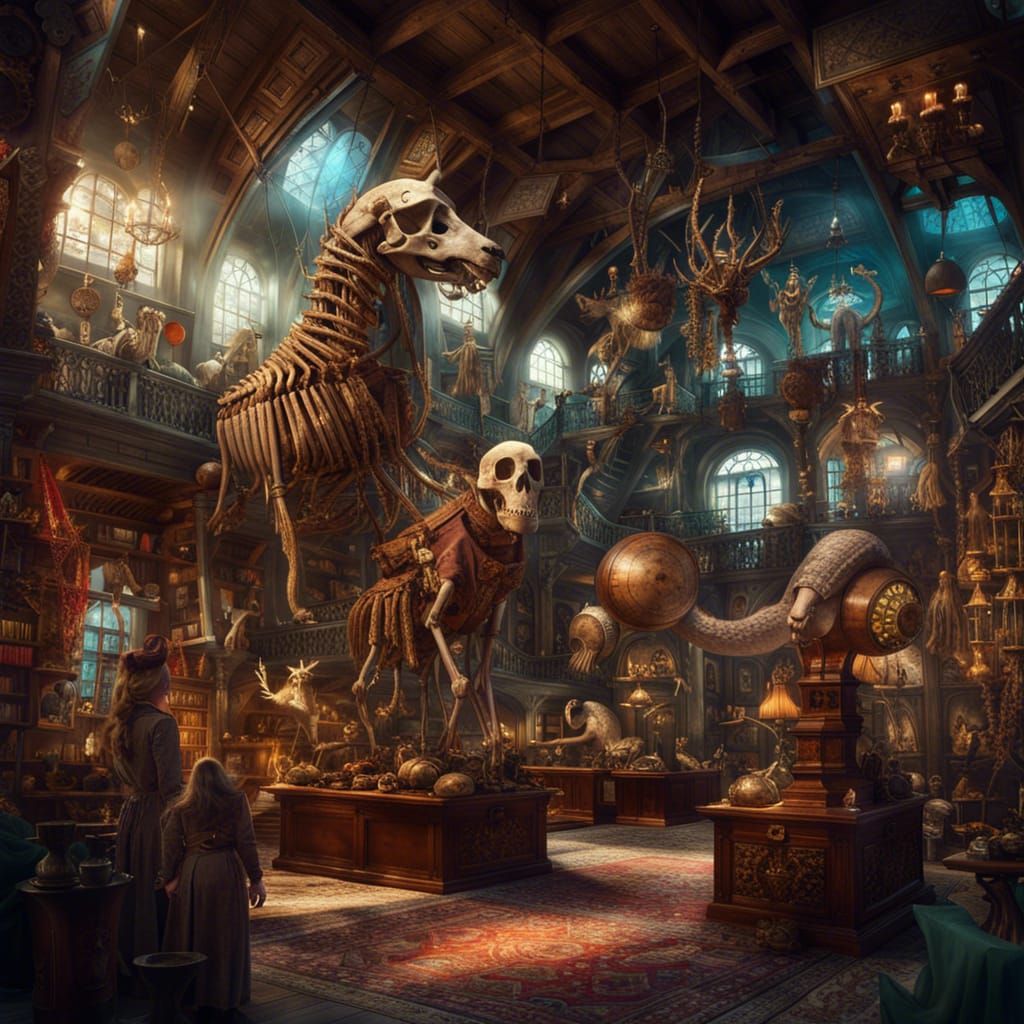 giant museum full of magical objects and supernatural animal skeletons, colorful, historical  by @LuxMaeLiv