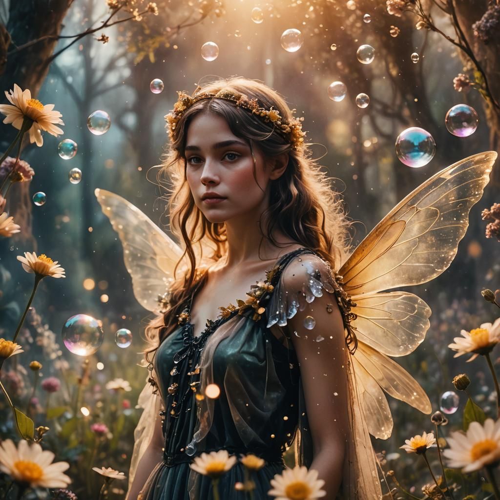 Beautiful fairy with big magical wings bubbles and flowers all around   by @Aurora
