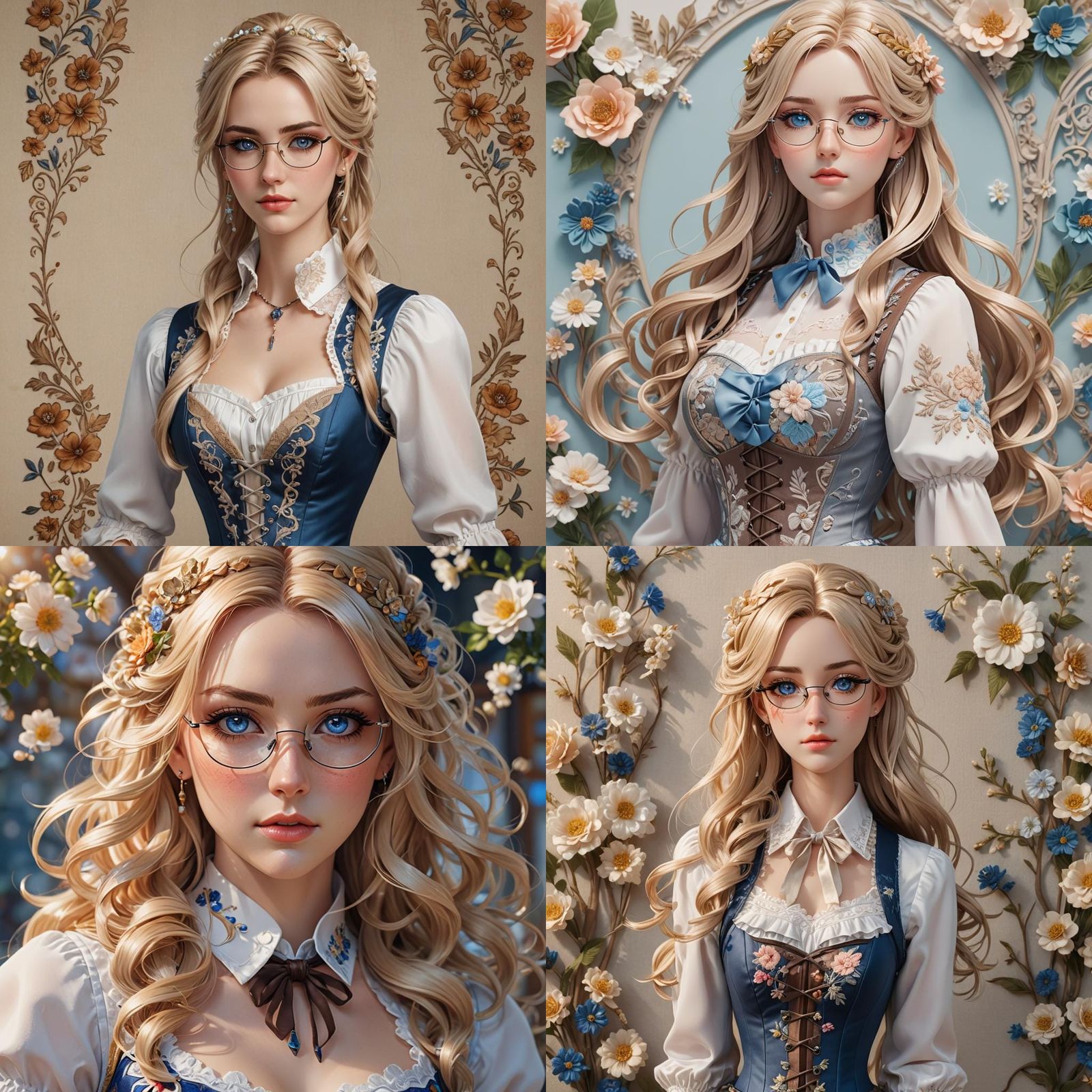 Waist up shot of woman with blond waves, blue skirt and whit...
