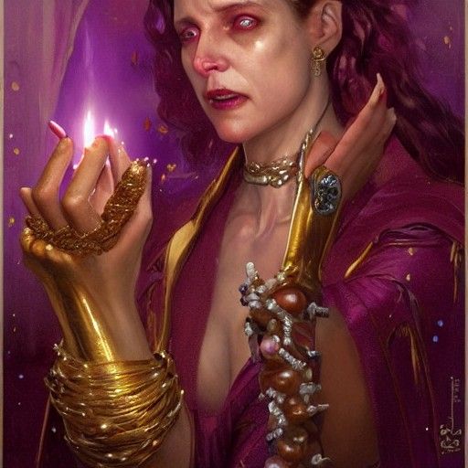 The woman was dressed in purple and scarlet, and was glitter...