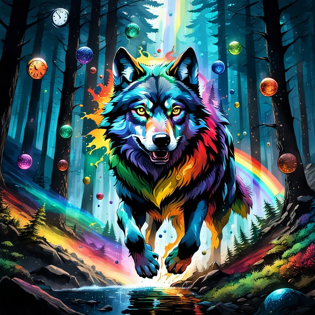 A detailed rainbow wolf. Flying in a dark forest, over a det...