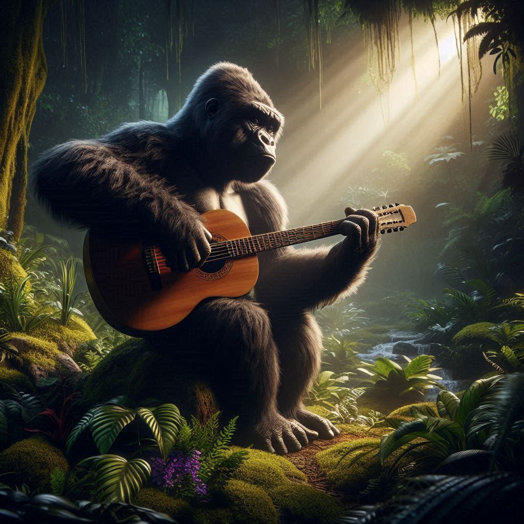 Gorilla playing guitar in the jungle