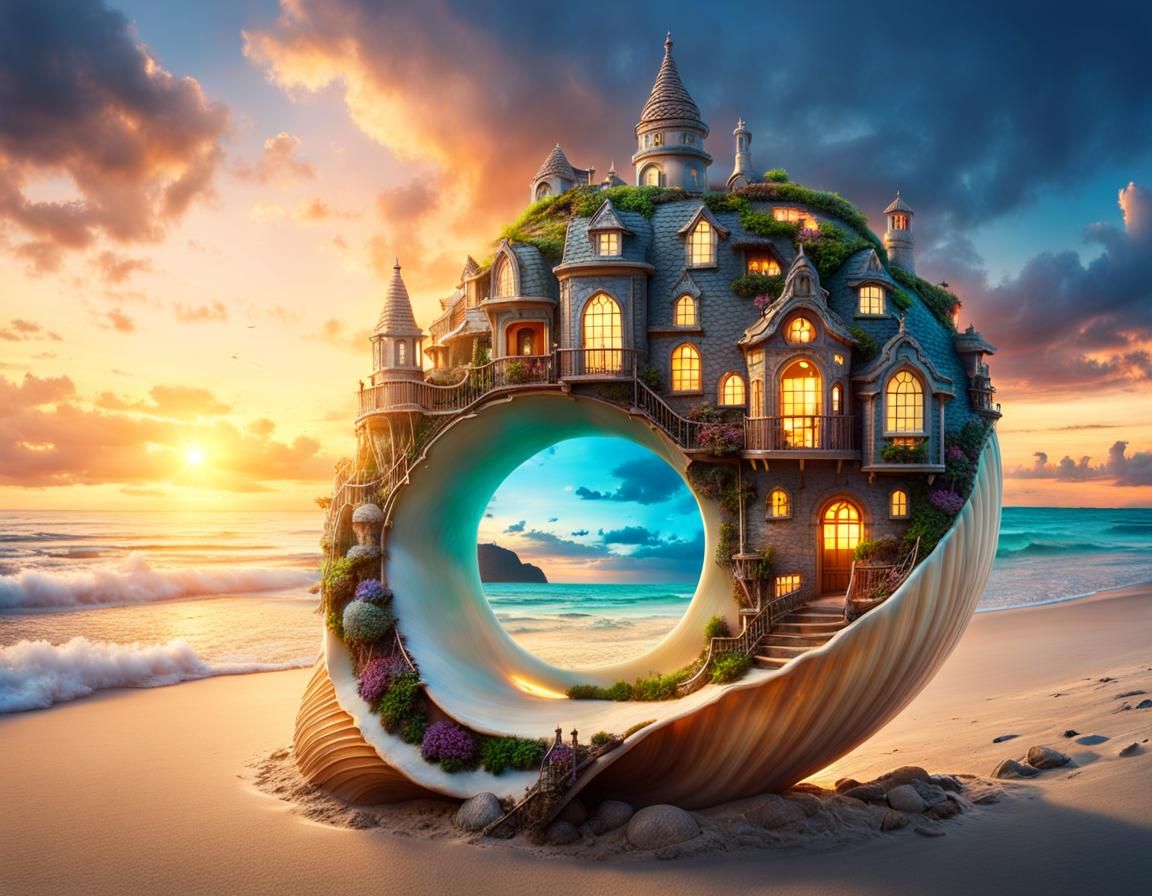 tiny fantasy village in a Nautilus shell on the beach, sunri...