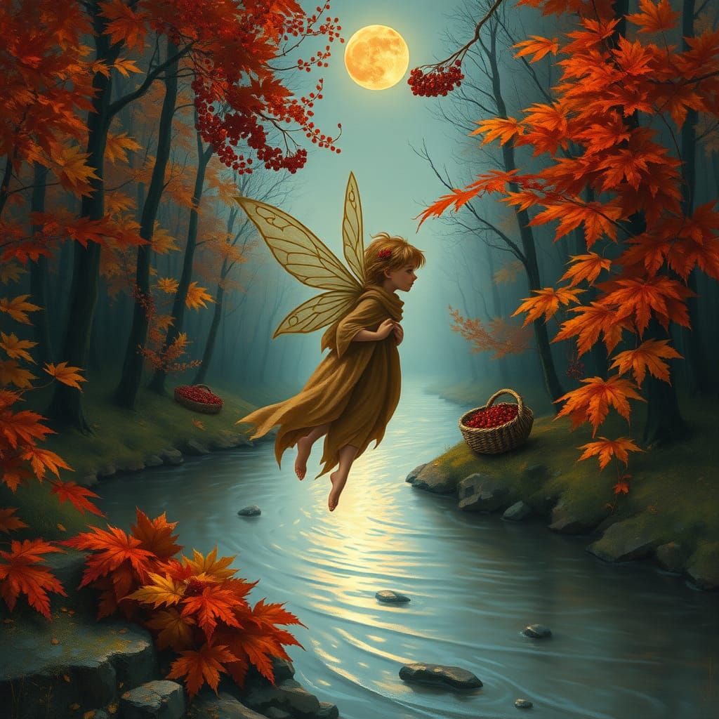 a blood moon over a river in a forest of mixed red and yello...