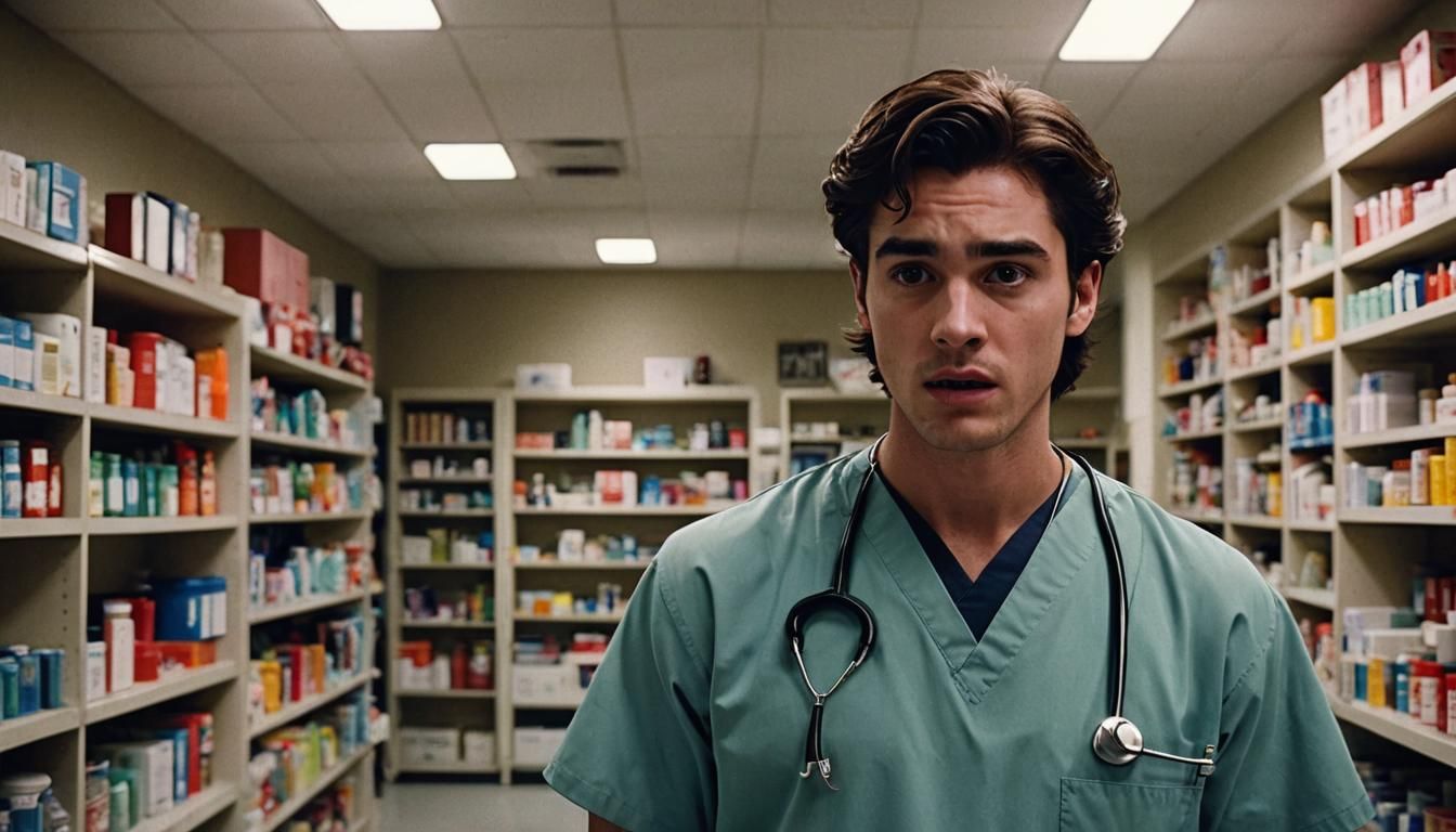 A teenage male brunette pharmacy tech in scrubs terrified of...