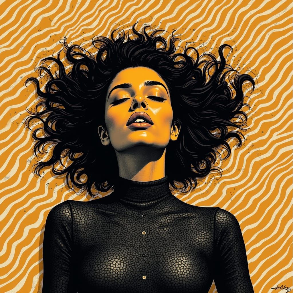 Woman in Relaxation, Op Art Background, Ink Art Style