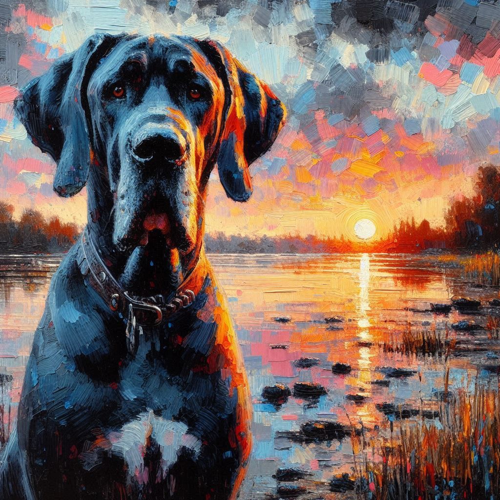 great dane by a lake