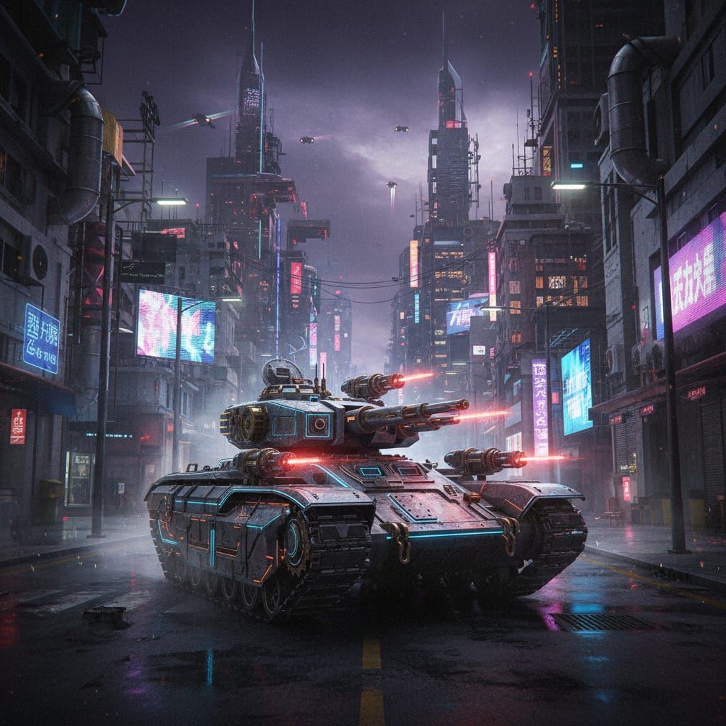 A cybernetic tank that has laser guns mounted on the turret and looks futuristic but also vintage and dystopian. driving down the middle of ...