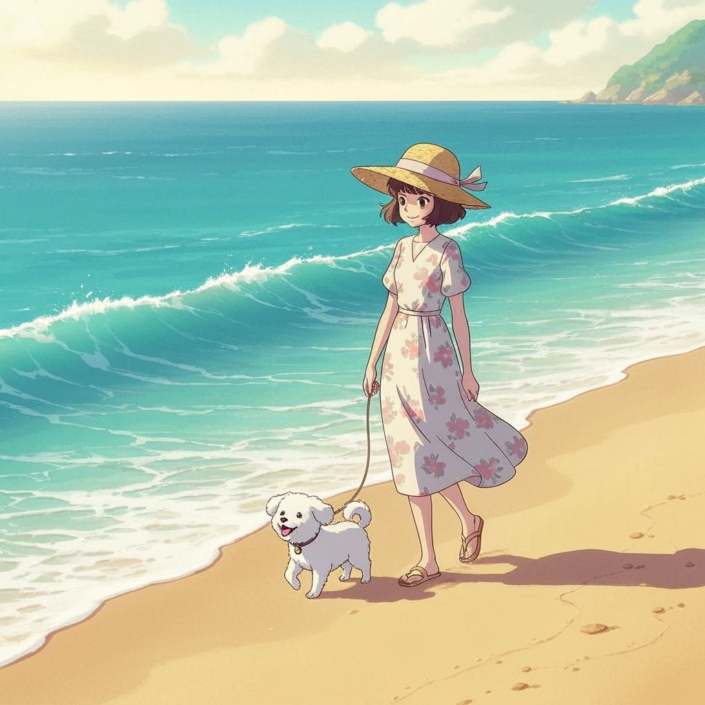 Woman and Dog Walk on Serene Shoreline in Golden Sunlight