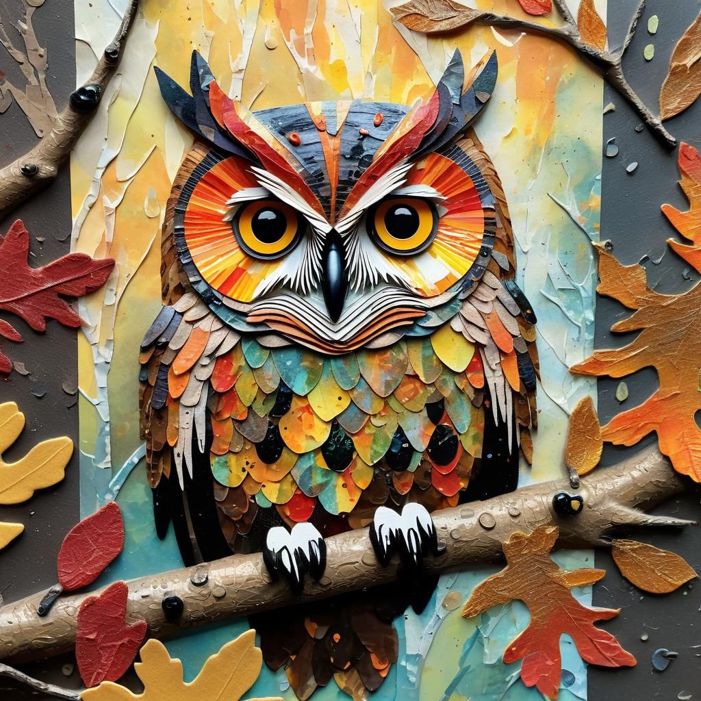 A paper collage of an owl on a branch in autumn leaves.