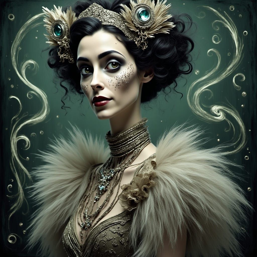 <lora:SybilThorn-6:1.0> portrait of a beautiful woman wearing intricately detailed colorful clothing and futuristic jewelry. art deco Ukiyo-...