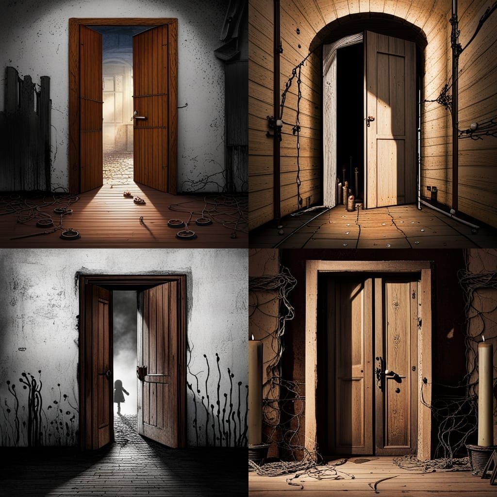 Wood carving of an old wooden door leading down to a cellar with eyes from the shadows staring, with burnt out candles o...