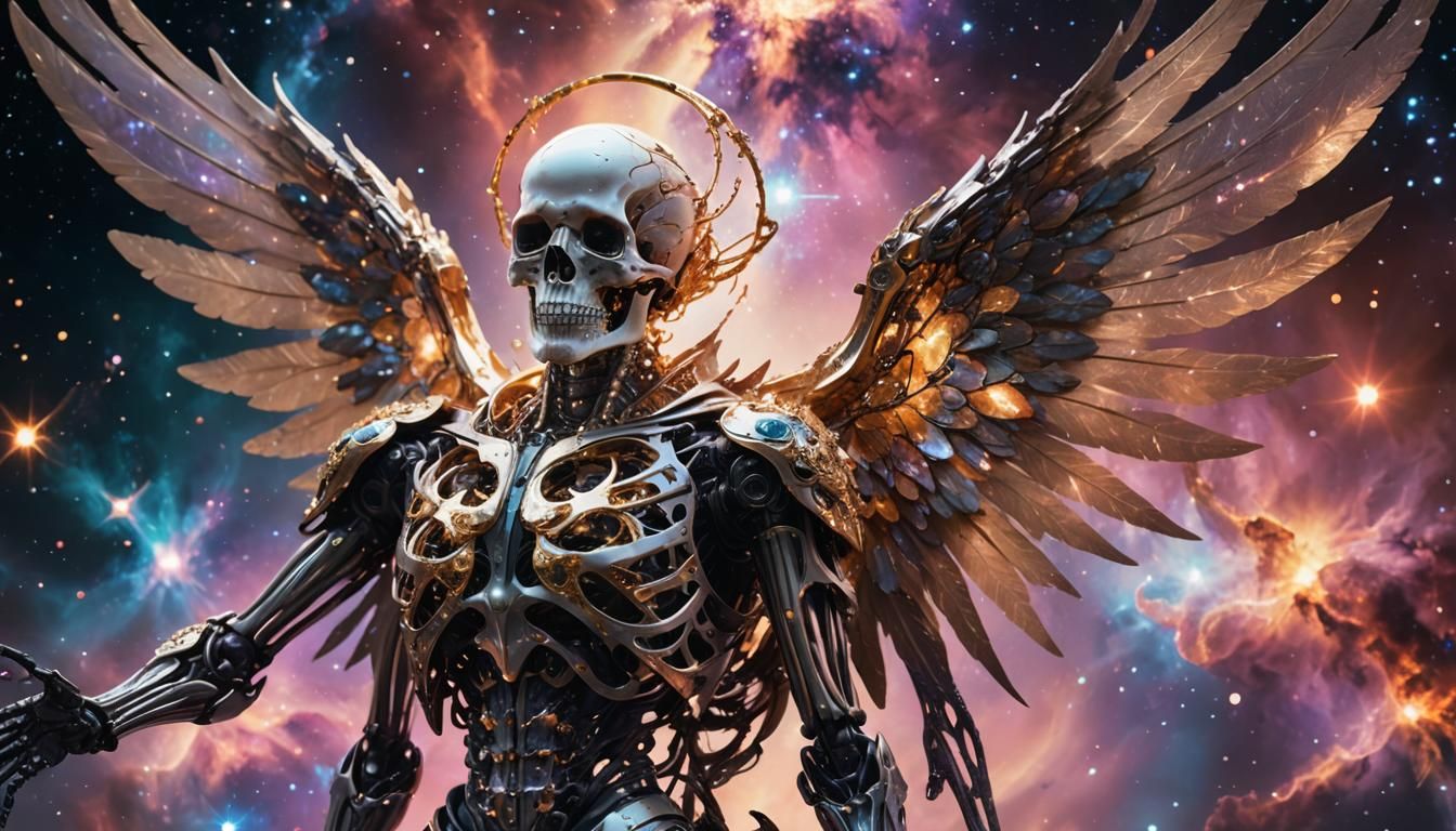 Titanium Angel Before Glowing Galaxy, Fantasy Concept Art