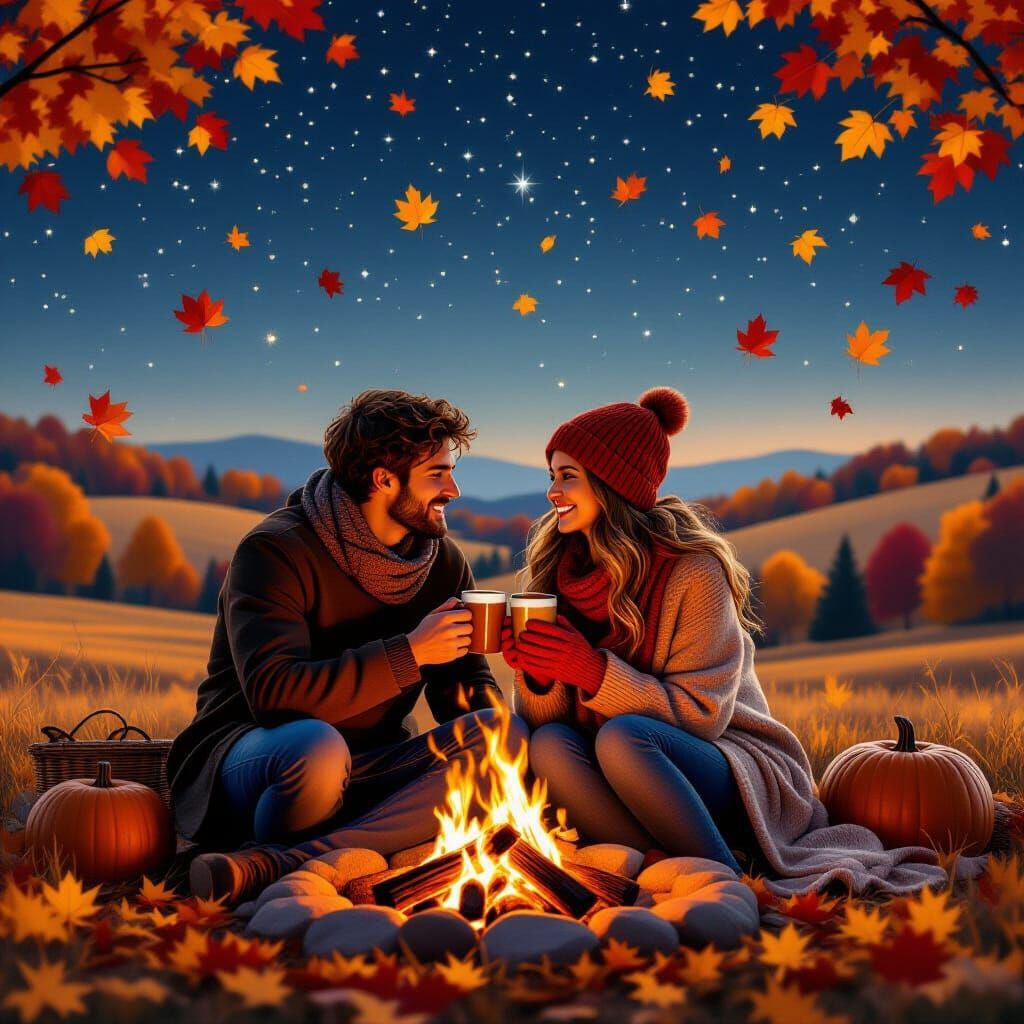 A young couple, bundled in cozy autumn attire, shares a warm cider by a crackling bonfire under a star-filled ...  by @JAYDE7