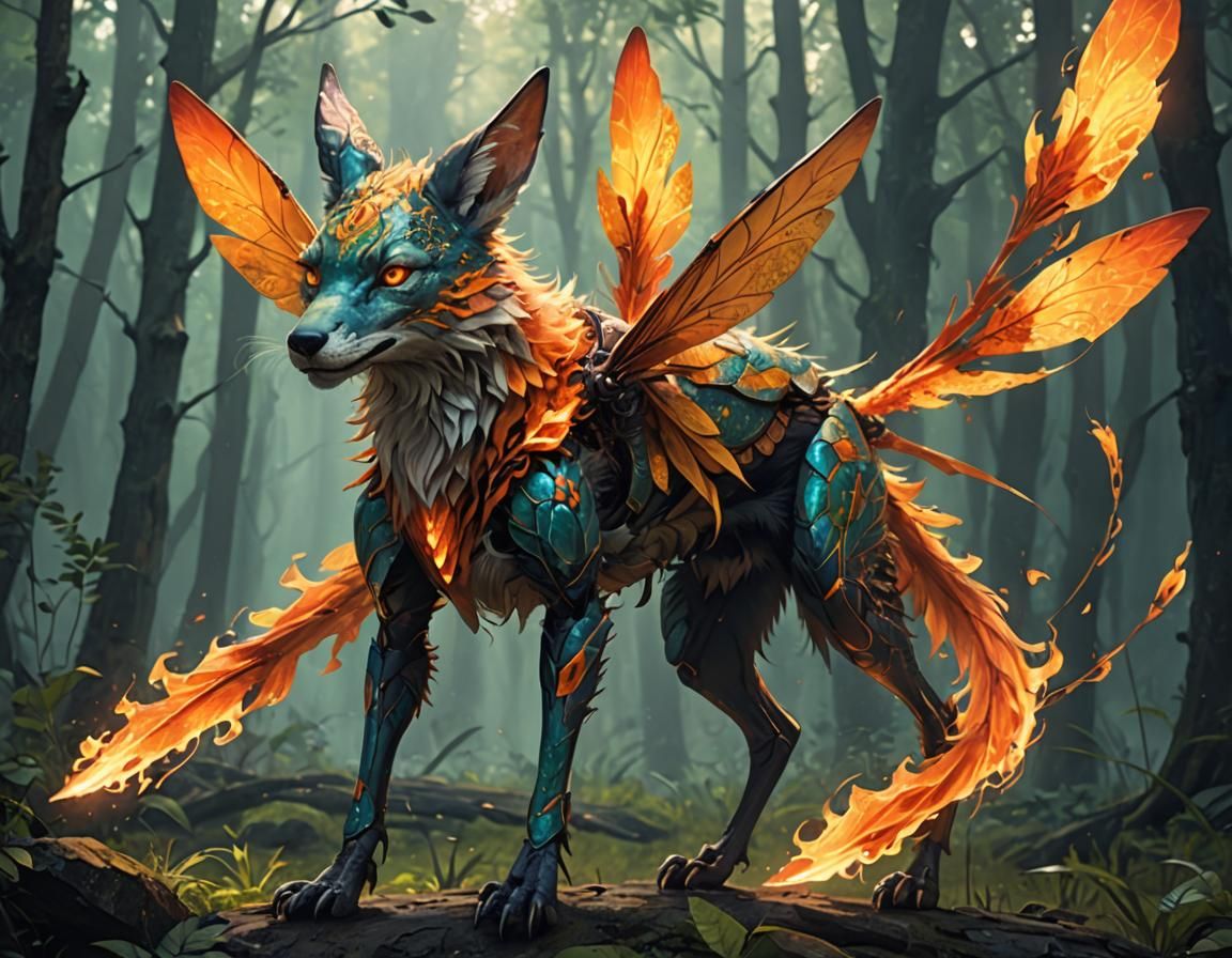 A humanoid dragonfly rabbit wolf fox hybrid that is ablaze - AI ...