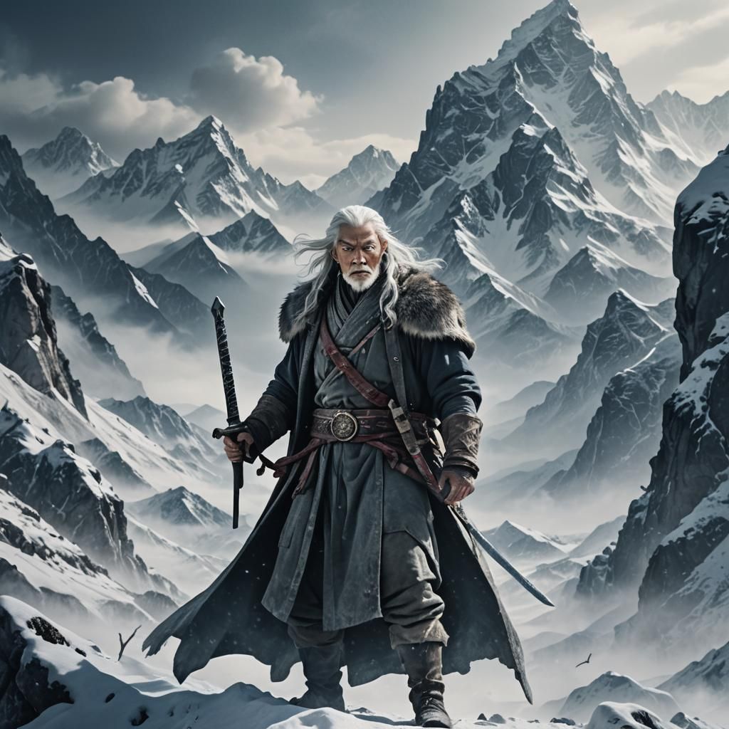 White-Haired Sage Wields Sword on Snowy Peak