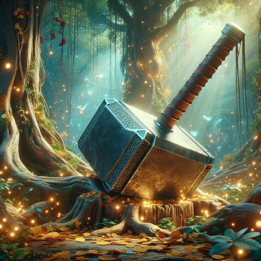 Thor's Hammer resting on a tree stump in a magical forest. Dungeons and ...