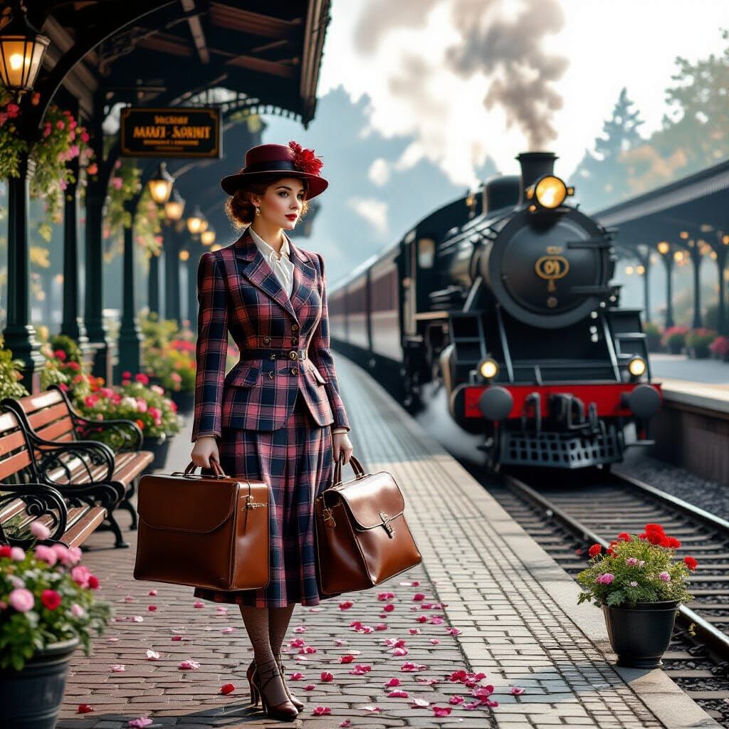 A romantic vintage scene set at an old European train station in the 1930s or 1940s.   by @ANIAMAnJa