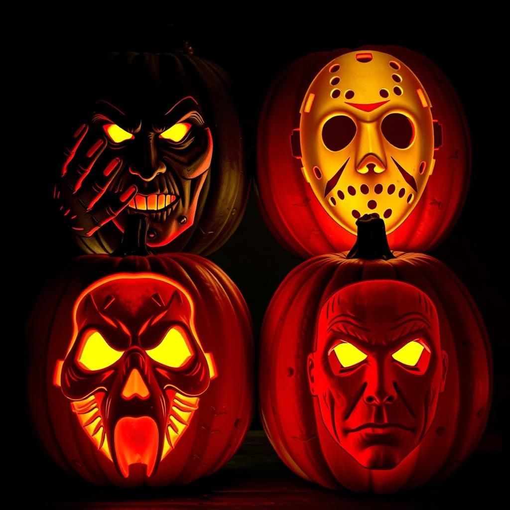 Four pumpkins intricately carved, each has a carving of the ...