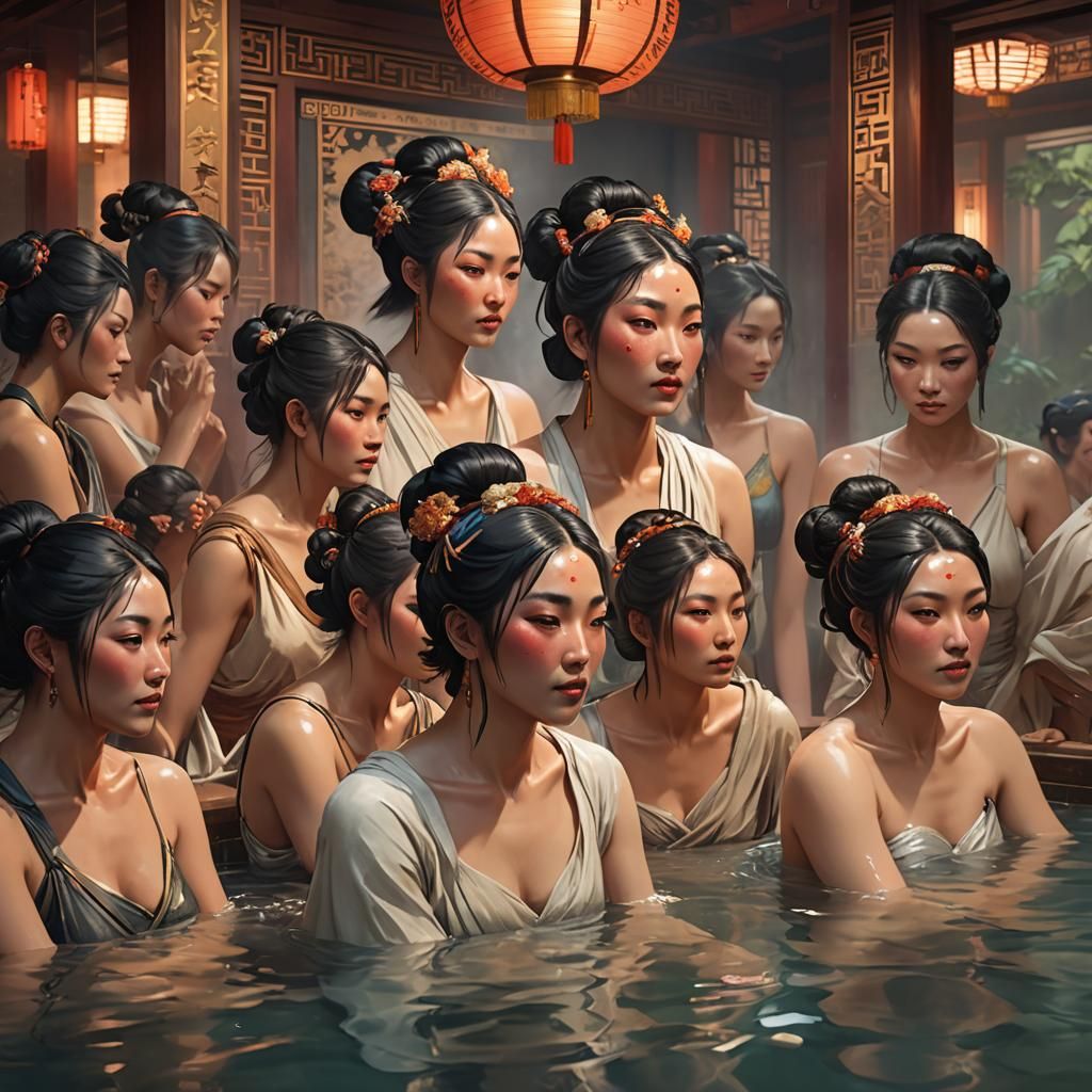 Bathing women in a Chinese bathhouse, classic look, 500 BC