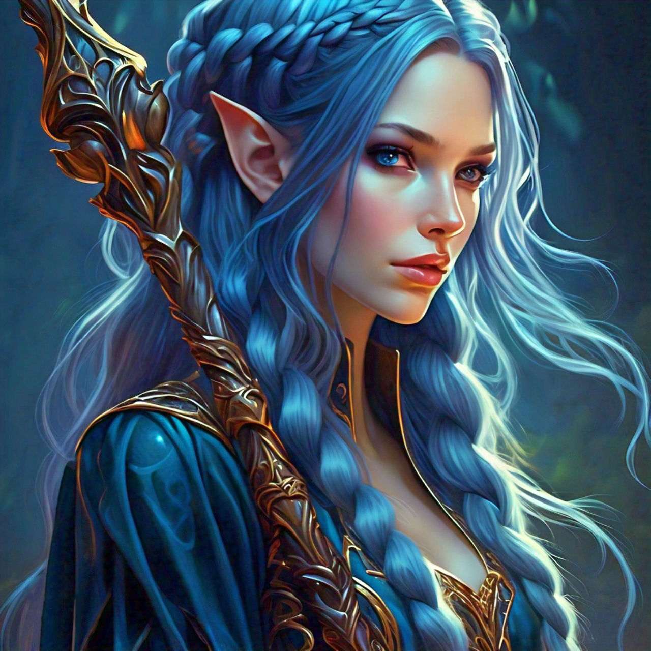 Blue Elf with a magic staff