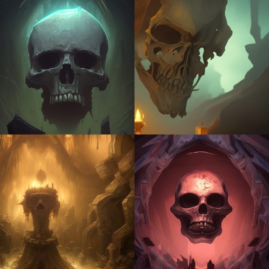 A terrible crystal skull, gloomy walls around. 4K quality