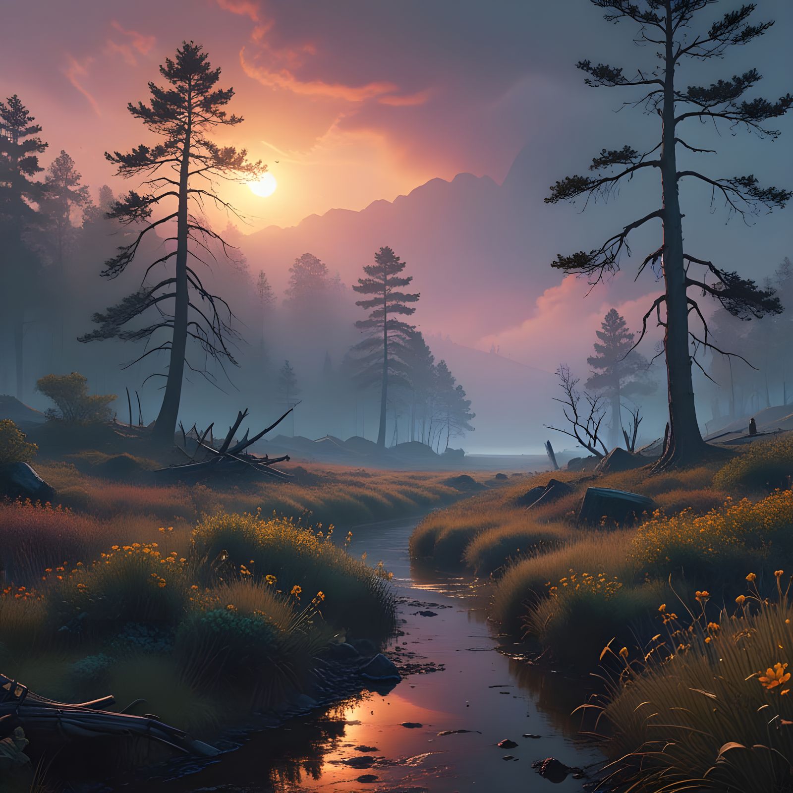 Ethereal Sunrise Landscape in Oil Painting Style