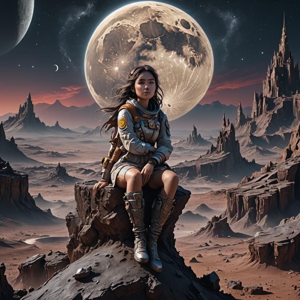 There is a girl and she sits on the moon and watches the wor...