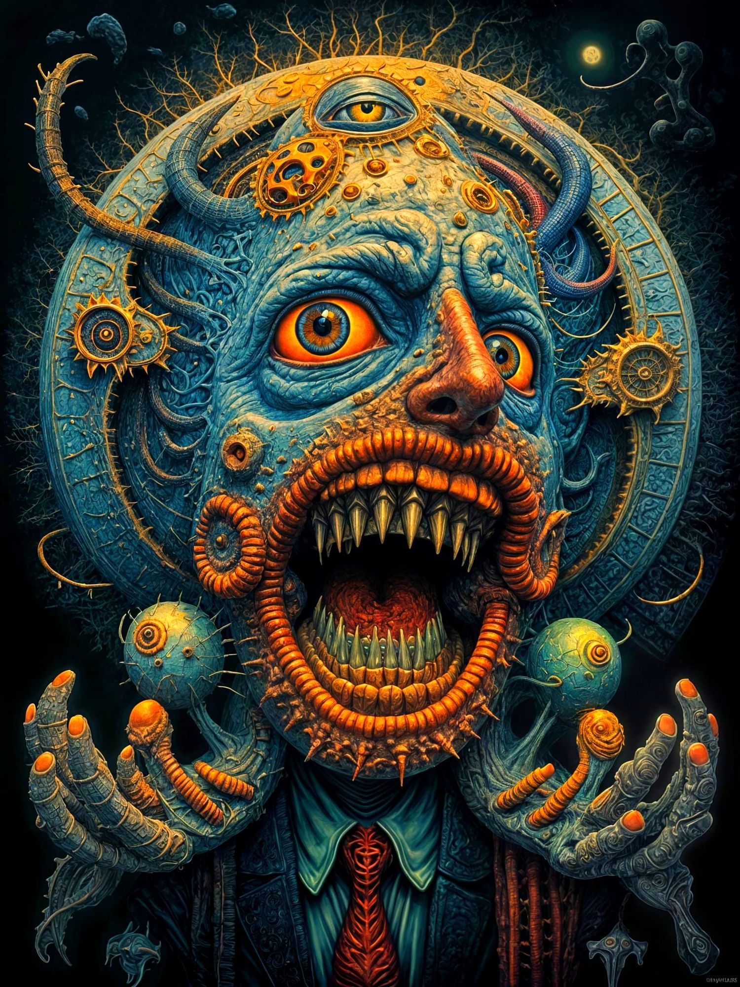 The face comes alive. The eyes blink and dart back and forth. Weeping and gnashing of teeth.  The hairs all over the image sway and flow in ...