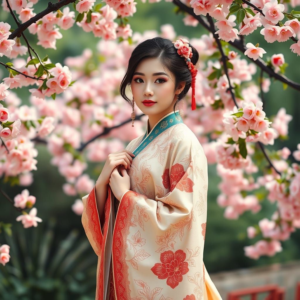 Chinese Woman in Cherry Garden, Art Nouveau Style
