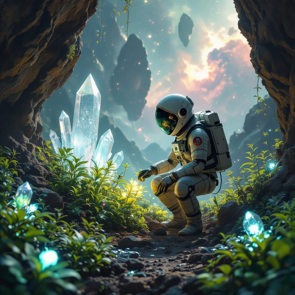 A lone botanist tending to a garden of bioluminescent cosmic flora on a floating asteroid. The plants emit a soft, ethereal glow, illuminati...