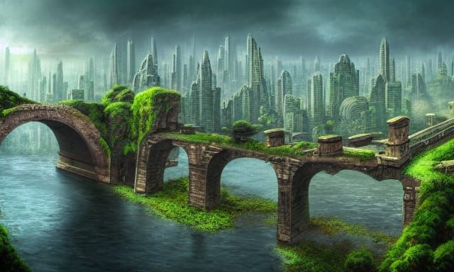 ancient ruins of a modern city, destroyed street and bridge ...