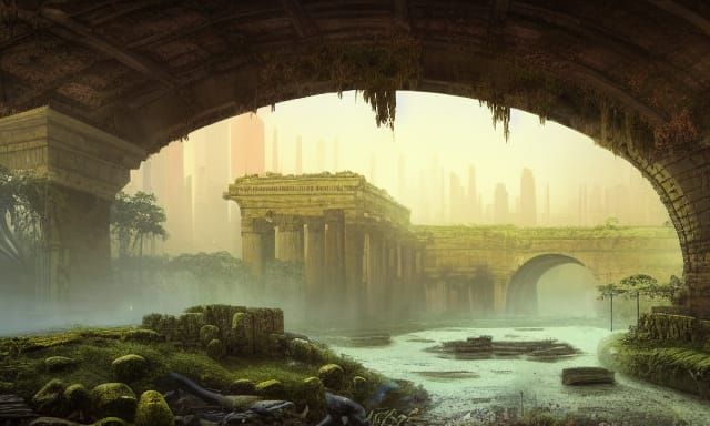 ancient ruins of a modern city, destroyed street and bridge ...