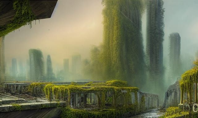 ancient ruins of a modern city, destroyed street and bridge ...