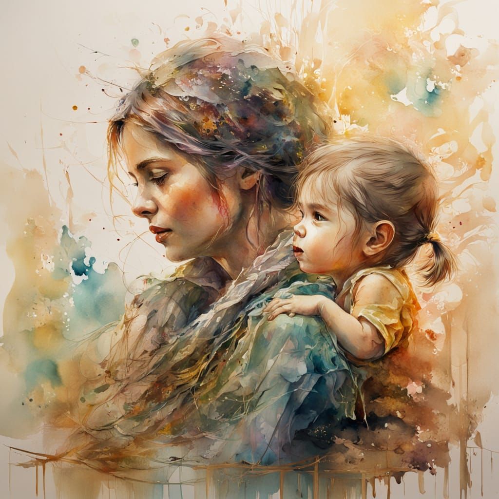 surrealism. medium shot. close up. Warm scene of mother and child sharing a quiet moment together.watercolor ...  by @Barabashka