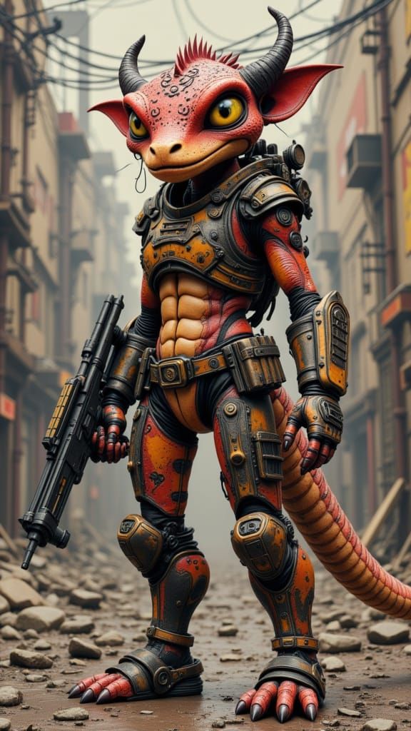 <lora:Cyberpunk Girls:1.0> Gun toting, twin gun slinging , leather armour of Borderlands bezerkee style 3d art of the Anthropomorphic lizard...