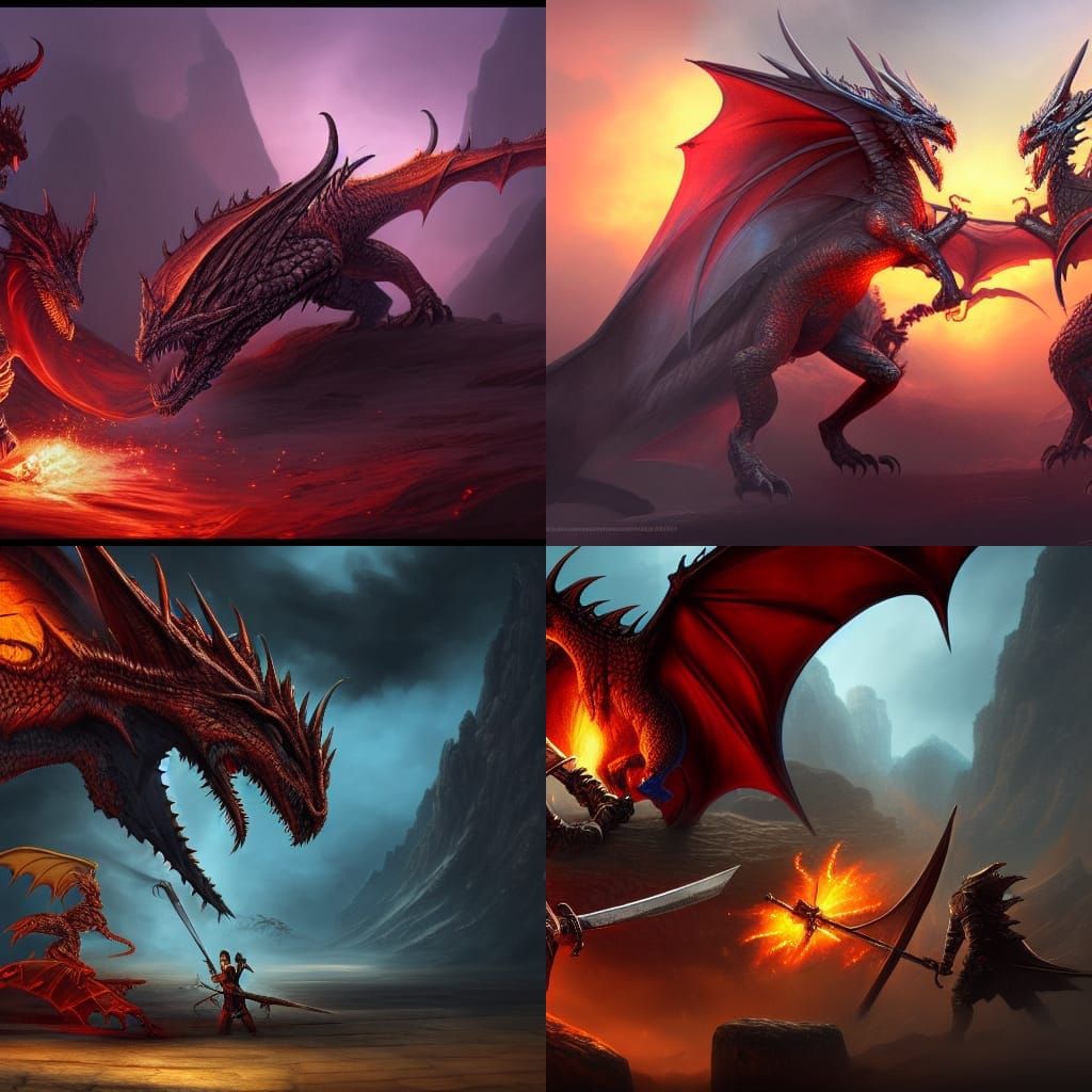 Warrior fighting against a dragon