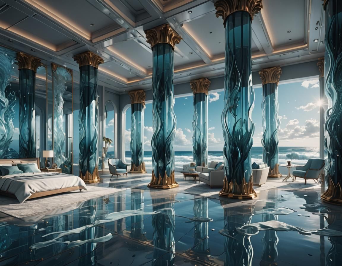 bedroom, dreamy, airy, ocean waves flooding floors, futurist...