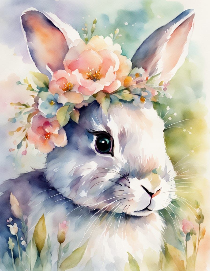 Watercolor. Bunny wearing a fancy,  decorated spring hat  by @Gramma_to_2