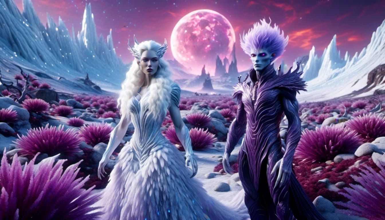 <lora:Multi-Genre Fusion:1.0> An albino alien man and woman living in a land of ice and snow with purple crystallized plant life.