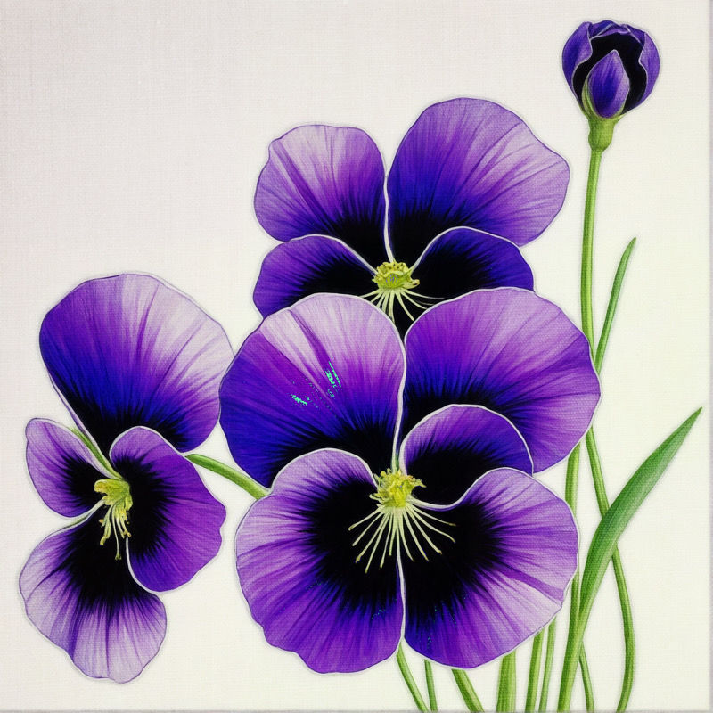 Purple pansies against a white wall, watercolor line art