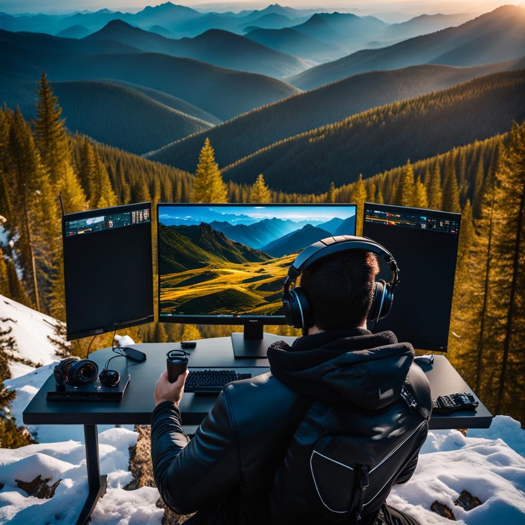 Gamer with headphones   captivated  by three large screens o...