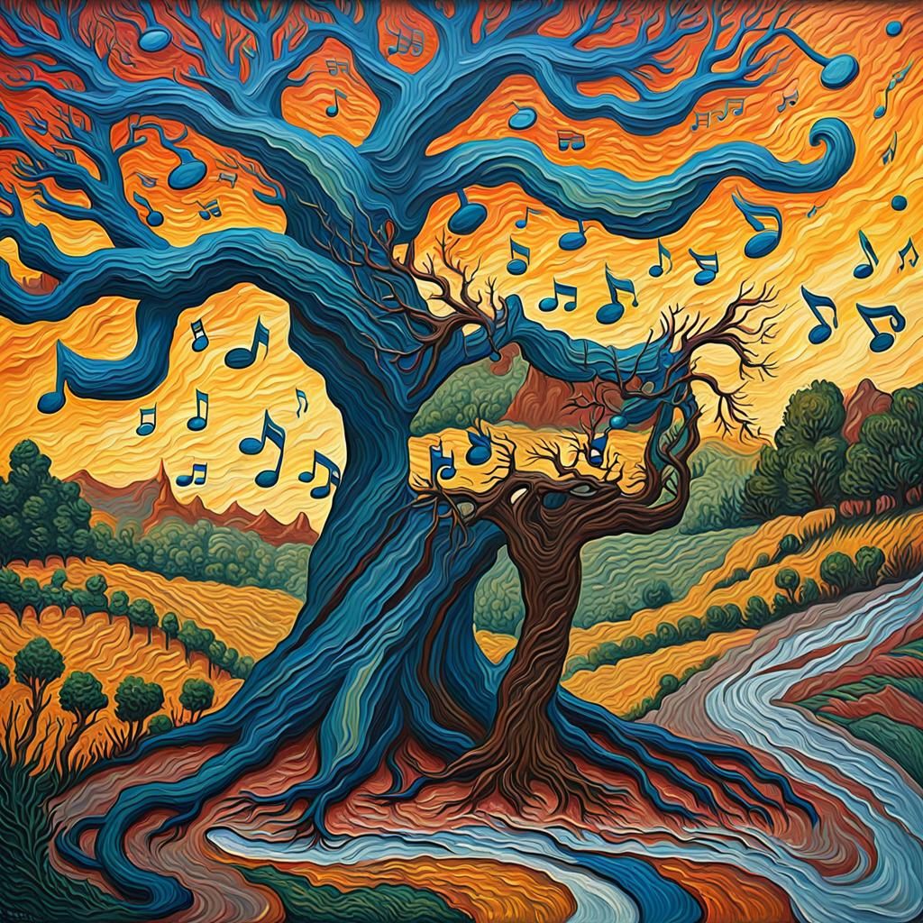 Surreal Musical Tree in Comic Book Art Style