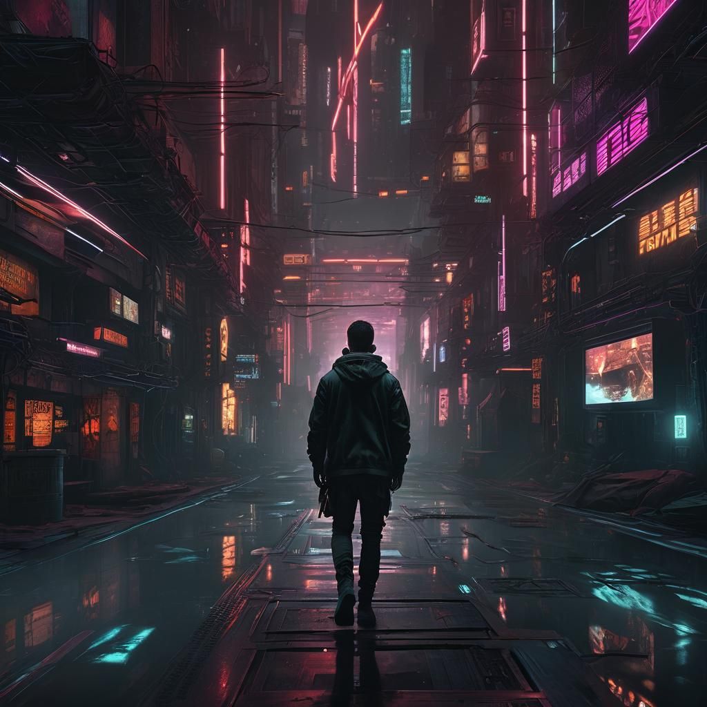 Cyberpunk young man down neon lights